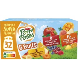 Pom'Potes 5 fruits pomme abricot pêche poire banane fraise framboise myrtille cerise goyave mangue ananas 32x90g 2.88Kg