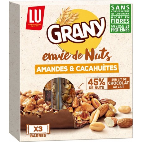 LU Barres Céréales Grany Envie De Nuts Amandes et Cacahuètes Chocolat au Lait 3 barres 120g