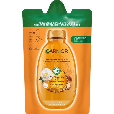 GARNIER Shampooing Cheveux Secs Huiles Merveilleuses Argan Et Camélia Ultra Doux la recharge de 250ml