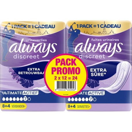 ALWAYS Serviettes hygiéniques fuites urinaires Ultimate Active Extra Sûre lot de 2 packs de 12 serviettes