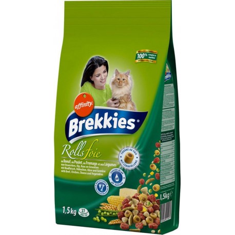 Brekkies Rolls Foie Chats Croquettes au Boeuf Poulet Fromage et Légumes 1,5Kg (lot de 3)