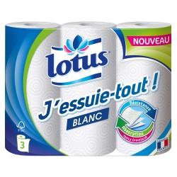 Lotus J’essuie-tout! Blanc Résistance Absorption Triple Épaisseur 3 rouleaux (lot de 4 soit 12 rouleaux)