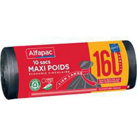 Alfapac Sacs poubelle maxi-poids recyclés à liens traditionnels le rouleau de 10 sacs de 160l