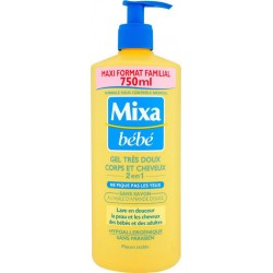 Mixa Bébé Gel Douche Très Doux Corps et Cheveux 2 en 1 à l’Huile d’Amande Douce Format Familial 750ml (lot de 2)
