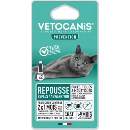 VETOCANIS Répulsif pour Chat Puces, Tiques & Moustiques 2x1.2ml