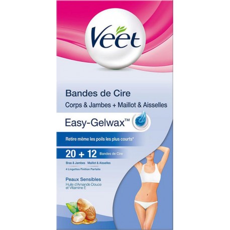Veet Bandes de Cire Corps & Jambs + Maillot & Aisselles Easy Strip Peaux Sensibles